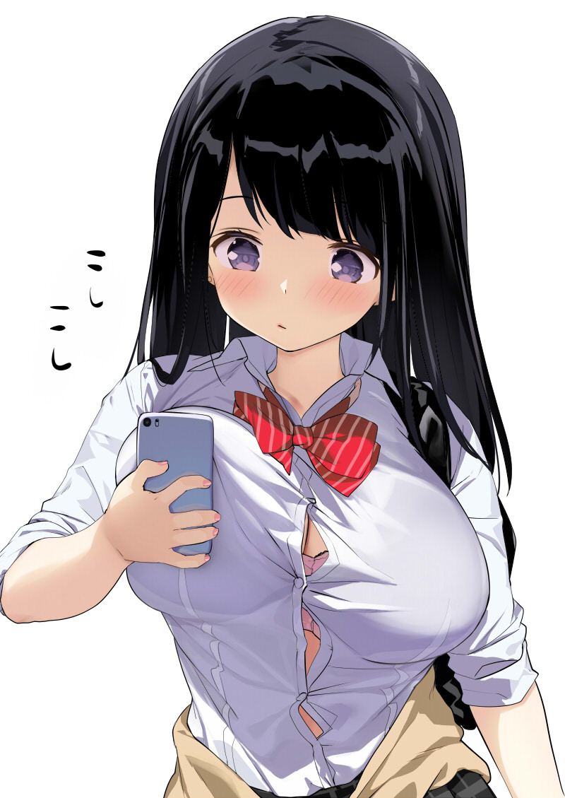 1girl bag black_hair blush bow bowtie bra bra_peek breasts bursting_breasts cardigan_around_waist cellphone eyebrows_visible_through_hair kaisen_chuui large_breasts long_hair original phone pink_bra plaid plaid_skirt school_uniform shoulder_bag simple_background skirt sleeves_rolled_up smartphone solo unaligned_breasts underwear violet_eyes white_background