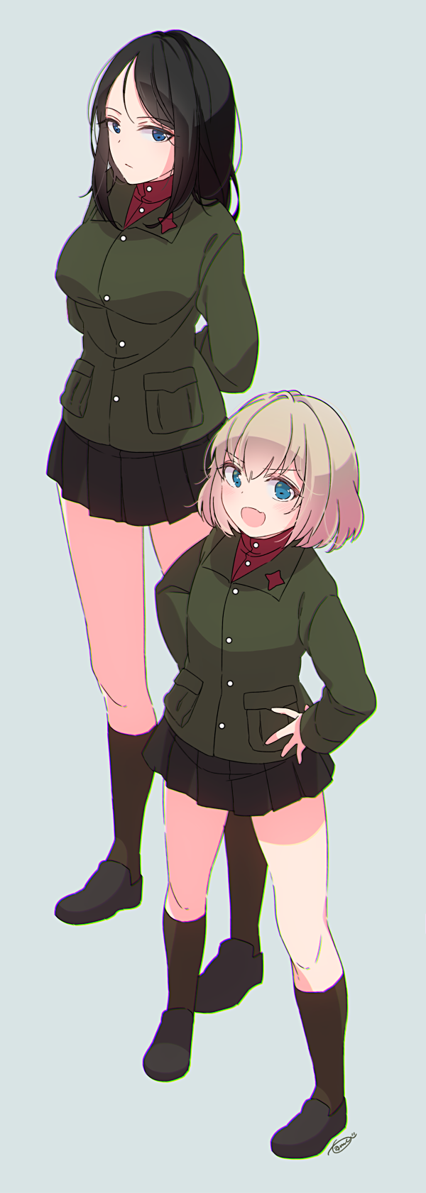 2girls :d arms_behind_back artist_name bangs black_footwear black_hair black_legwear black_skirt blonde_hair blue_eyes closed_mouth commentary_request emblem eyebrows_visible_through_hair girls_und_panzer green_jacket grey_background hands_on_hips highres jacket katyusha light_frown loafers long_hair long_sleeves looking_at_viewer miniskirt multiple_girls nonna open_mouth parade_rest pleated_skirt pravda_school_uniform red_shirt school_uniform shirt shoes short_hair signature skirt smile socks standing swept_bangs tam_a_mat turtleneck white_background