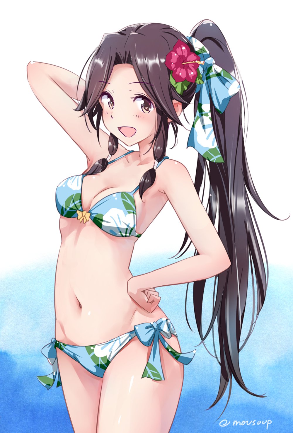 1girl :d alternate_costume alternate_hairstyle armpits bangs bikini blush bow breasts brown_eyes brown_hair cleavage floral_print flower groin hair_bow hair_flower hair_intakes hair_ornament hair_ribbon hand_behind_head hand_on_hip highres jintsuu_(kantai_collection) kantai_collection long_hair looking_at_viewer medium_breasts moupii_(hitsuji_no_ki) navel open_mouth ponytail remodel_(kantai_collection) ribbon side-tie_bikini signature skindentation smile solo stomach swimsuit thighs tress_ribbon