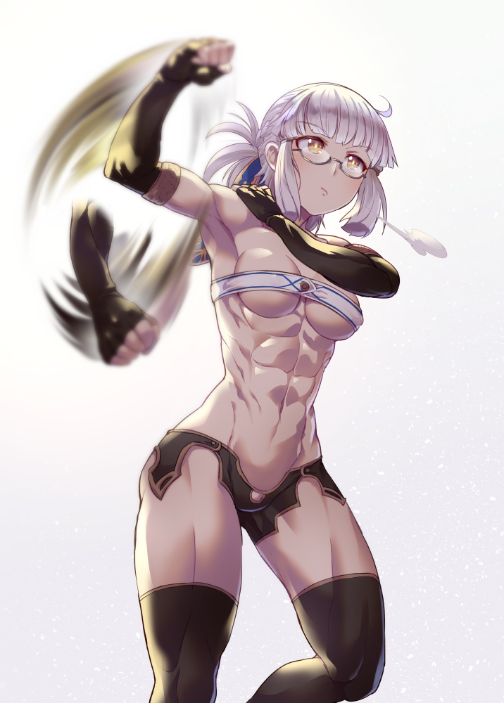1girl =3 abs arm_up armpits bandeau bangs bare_shoulders black_legwear black_shorts breasts clenched_hand closed_mouth commentary_request elbow_gloves eyebrows_visible_through_hair fate/grand_order fate_(series) fingerless_gloves from_below gloves gradient gradient_background grey_background hair_ornament hand_on_own_shoulder looking_away medium_breasts motion_blur muscle muscular_female navel pale_skin penthesilea_(fate/grand_order) revealing_clothes semi-rimless_eyewear short_hair short_shorts shorts sidelocks silver_hair solo spinning standing thigh-highs tomoyohi under-rim_eyewear white_background white_bandeau yellow_eyes