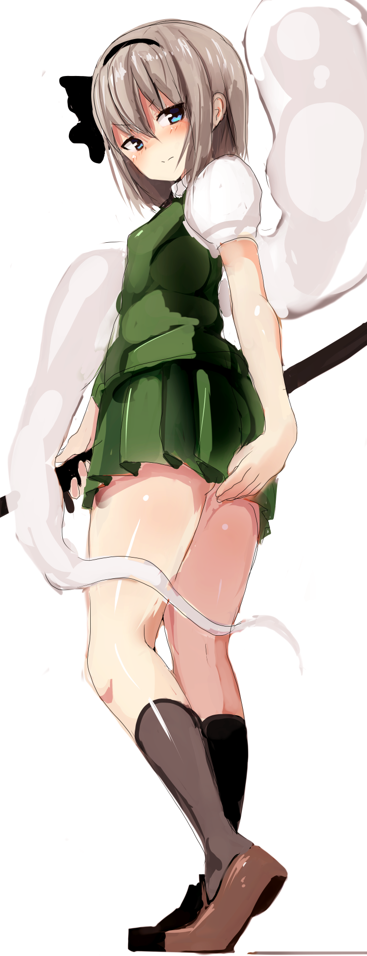 1girl black_hairband black_legwear blue_eyes blush brown_footwear collared_shirt commentary covering covering_ass eyebrows eyebrows_visible_through_hair frown green_skirt green_vest hair_between_eyes hair_ribbon hairband highres hitodama holding holding_sword holding_weapon kneehighs konpaku_youmu konpaku_youmu_(ghost) loafers looking_at_viewer puffy_short_sleeves puffy_sleeves ribbon sheath sheathed shirt shoes short_hair short_sleeves silver_hair simple_background skirt suzunooto_shirasu sword touhou vest weapon white_background white_shirt