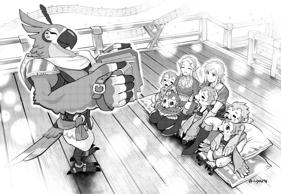 accordion beak boots feathered_wings feathers greyscale hair_feathers hair_ornament hairclip instrument kass link monochrome music musical_note ouya_(maboroshimori) pillow playing_instrument pointy_ears princess_zelda rito sash sitting sitting_on_lap sitting_on_person smile standing talons the_legend_of_zelda the_legend_of_zelda:_breath_of_the_wild wings