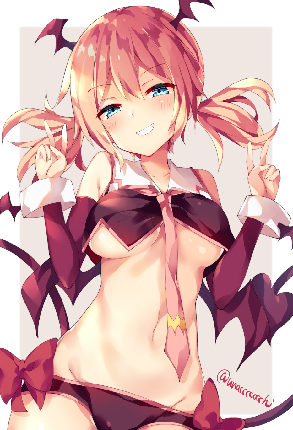 1girl artist_name bare_shoulders black_panties blonde_hair blue_eyes blush bow breasts commentary_request crop_top demon_tail demon_wings detached_sleeves double_v eyebrows_visible_through_hair grin hands_up head_wings highres looking_at_viewer low_twintails medium_breasts navel necktie no_pants original outside_border panties parted_lips pointy_ears raphilia_meredith red_bow revealing_clothes shiny shiny_hair shiny_skin smile solo tail twintails twitter_username unacchi_(nyusankin) underwear v wings