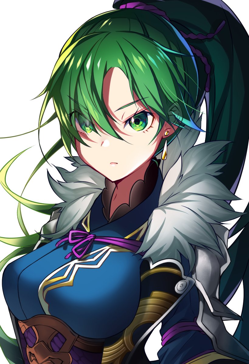 1girl closed_mouth earrings fire_emblem fire_emblem:_rekka_no_ken fire_emblem_heroes fur_collar green_eyes green_hair highres jewelry long_hair lyndis_(fire_emblem) ponytail ribbon ringozaka_mariko shoulder_armor simple_background solo white_background