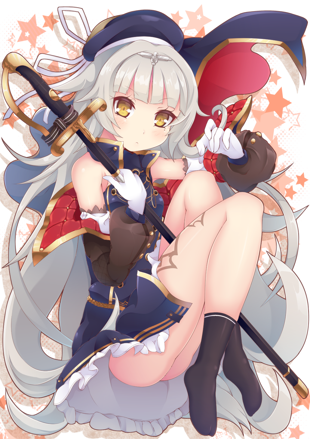 1girl azur_lane bangs bare_shoulders beret black_legwear blue_dress blue_hat blush breasts brown_eyes closed_mouth commentary_request dress eyebrows_visible_through_hair gloves hat headpiece highres holding holding_sword holding_weapon kan_lee long_hair long_sleeves looking_at_viewer mole mole_under_eye no_shoes puffy_long_sleeves puffy_sleeves ribbon saber_(weapon) sheath sheathed silver_hair sleeveless sleeveless_dress small_breasts socks solo star sword very_long_hair weapon white_gloves white_ribbon z46_(azur_lane)