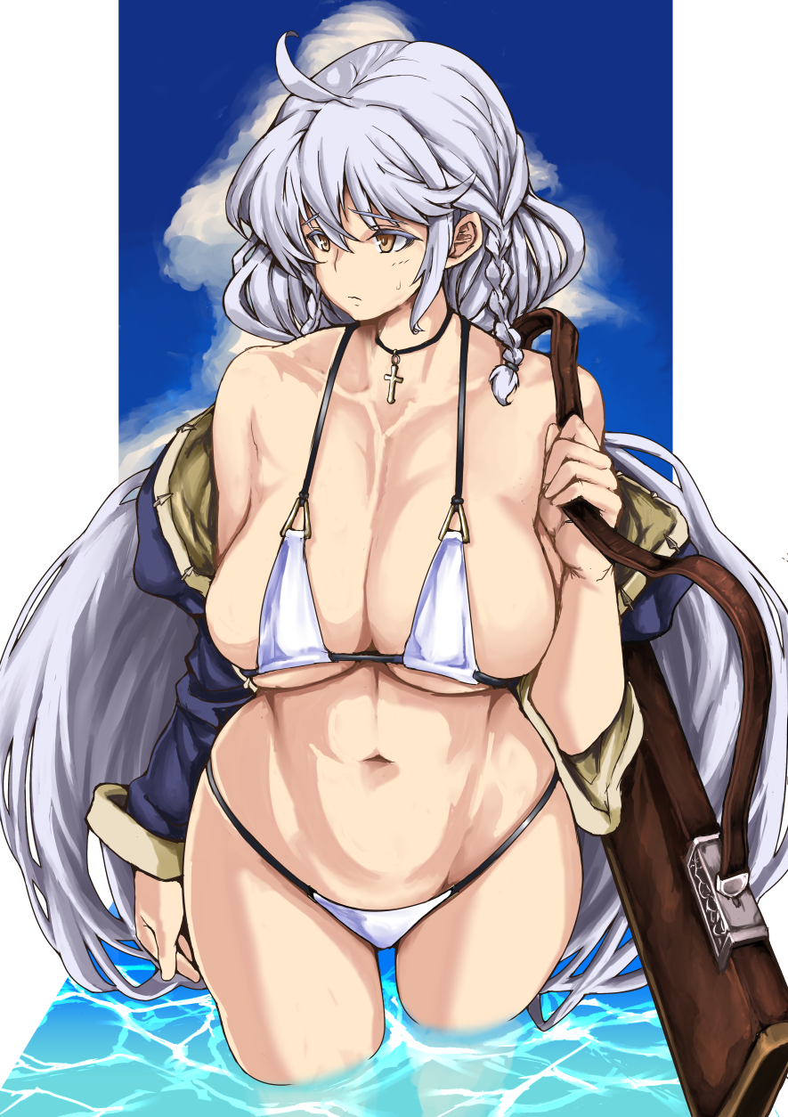 1girl ahoge bikini blue_sky bokuso braid breasts choker cleavage clouds collarbone commentary_request cross cross_necklace curvy eyebrows_visible_through_hair granblue_fantasy gun hair_between_eyes highres jewelry large_breasts long_hair midriff navel necklace off_shoulder partially_submerged rifle sagging_breasts silva_(granblue_fantasy) silver_hair sky swimsuit twin_braids under_boob very_long_hair water weapon white_bikini yellow_eyes