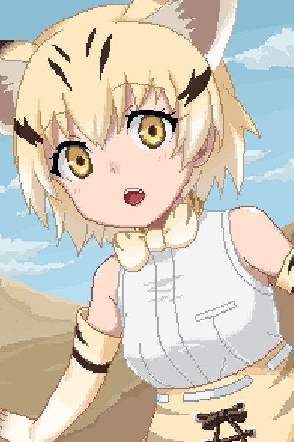 1girl :o animal_ears bare_shoulders blonde_hair bow bowtie cat_ears clouds cloudy_sky desert elbow_gloves gloves kemono_friends looking_at_viewer multicolored_hair nyifu open_mouth pixel_art sand_cat_(kemono_friends) shirt short_hair skirt sky sleeveless sleeveless_shirt solo yellow_neckwear