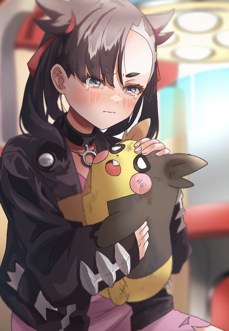 1girl asymmetrical_bangs bangs black_choker black_hair black_jacket blurry blush choker closed_mouth commentary_request crying dress eyelashes green_eyes hair_ribbon holding holding_pokemon ibuki_(fjjjjjt) jacket marnie_(pokemon) morpeko morpeko_(full) pink_dress pokemon pokemon_(creature) pokemon_(game) pokemon_swsh red_ribbon ribbon sad tears twintails