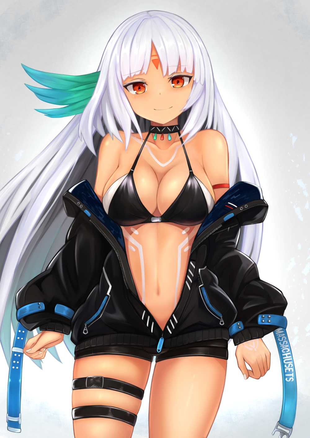 1girl azur_lane bangs bare_shoulders bikini_top black_bikini_top black_jacket black_shorts blush breasts cleavage closed_mouth collarbone commentary_request eyebrows_visible_through_hair facial_mark fingernails forehead_mark halter_top halterneck highres jacket large_breasts long_hair long_sleeves looking_at_viewer massachusetts_(azur_lane) native_american navel off_shoulder partially_unzipped puffy_long_sleeves puffy_sleeves red_eyes ryara_vivi short_shorts shorts silver_hair smile solo swimsuit swimsuit_under_clothes very_long_hair