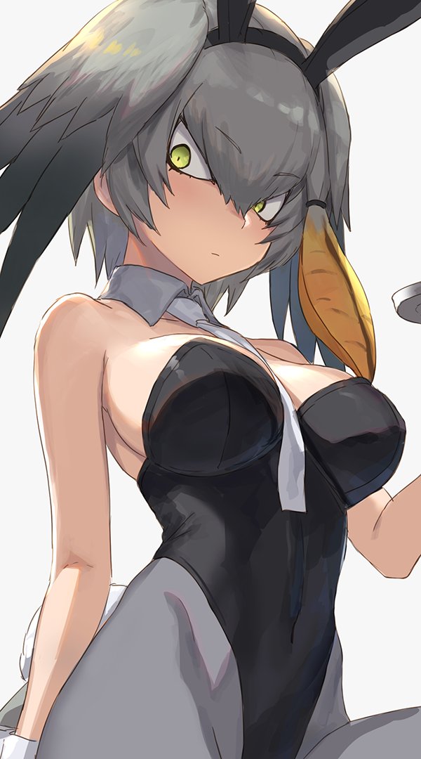 1girl animal_ears bare_shoulders between_breasts breasts closed_mouth covered_navel detached_collar eyebrows_visible_through_hair fake_animal_ears green_eyes grey_background grey_legwear guchico hair_between_eyes hairband head_wings highleg highleg_leotard kemono_friends leotard medium_breasts necktie necktie_between_breasts pantyhose rabbit_ears shoebill_(kemono_friends) silver_hair simple_background solo tray tsurime wrist_cuffs