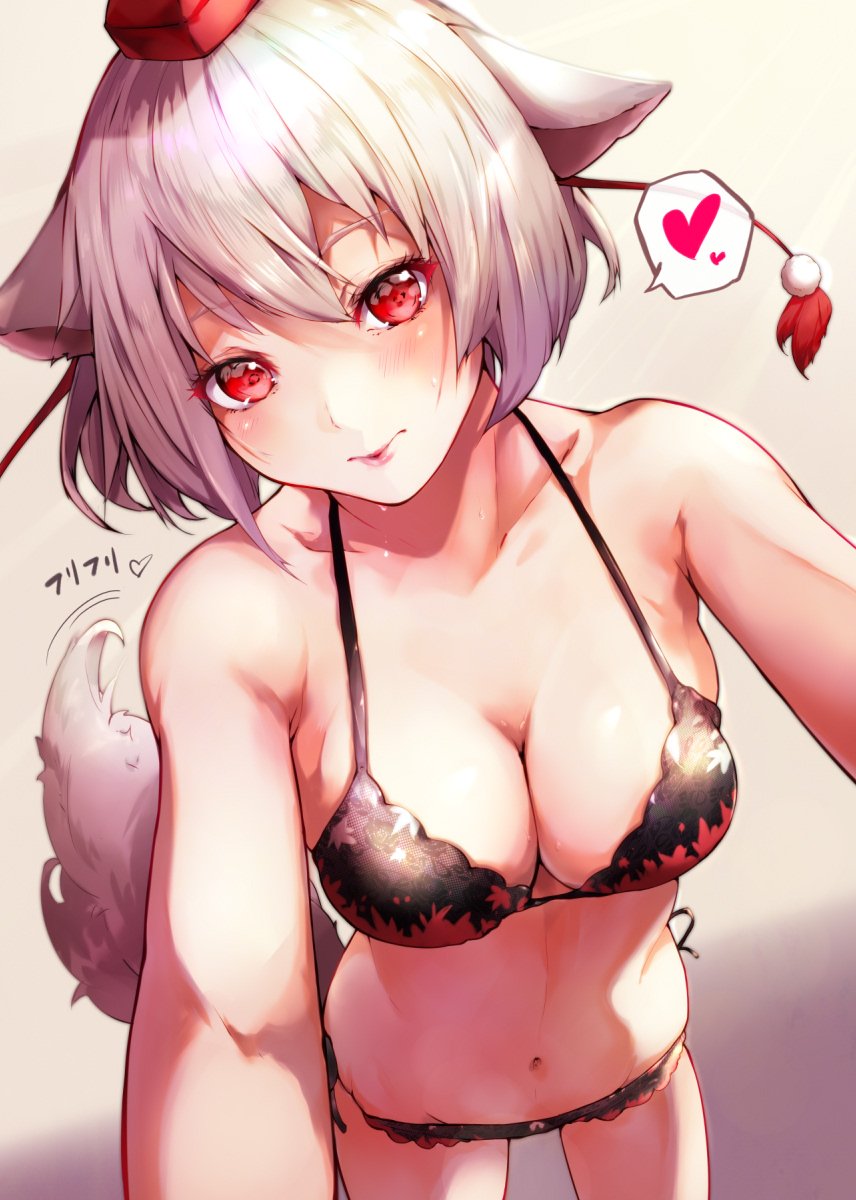1girl animal_ears blush bra breasts commentary_request hat highres inubashiri_momiji mayonaka_taruho medium_breasts multicolored multicolored_bra multicolored_clothes multicolored_panties panties pom_pom_(clothes) red_eyes short_hair solo tokin_hat touhou underwear white_hair wolf_ears