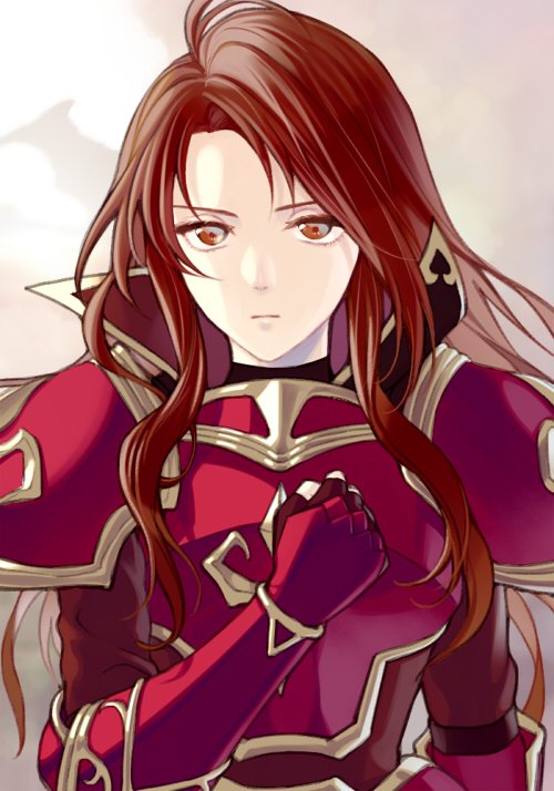 1girl ahoge armor brown_eyes brown_hair fingerless_gloves fire_emblem fire_emblem:_mystery_of_the_emblem fire_emblem:_shin_monshou_no_nazo fire_emblem_heroes gloves hand_over_heart kiyuu long_hair looking_at_viewer pauldrons portrait sheema solo