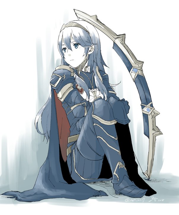 1girl alternate_costume armor blue_eyes blue_hair boots bow_(weapon) cape fingerless_gloves fire_emblem fire_emblem:_kakusei fire_emblem_heroes gloves long_hair lucina robaco simple_background solo tiara weapon