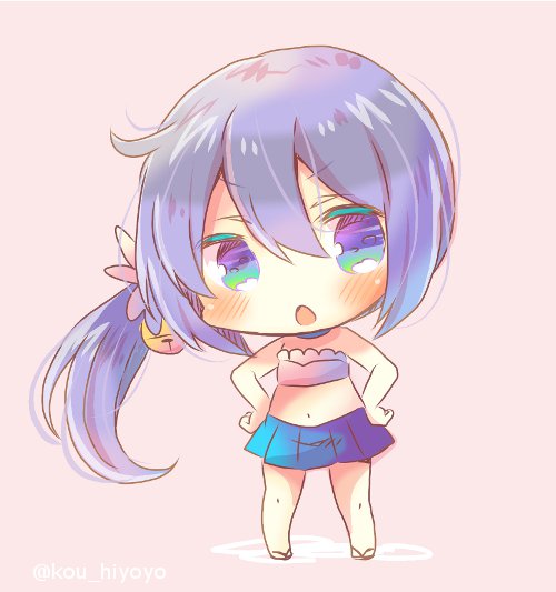 1girl :o akebono_(kantai_collection) bandeau bangs bare_arms bare_shoulders bell bikini_top blue_skirt blush brown_background chibi commentary_request eyebrows_visible_through_hair flower full_body hair_bell hair_between_eyes hair_flower hair_ornament hands_on_hips jingle_bell kantai_collection kouu_hiyoyo long_hair navel open_mouth pink_bikini_top pink_flower pleated_skirt purple_hair side_ponytail sidelocks skirt solo standing strapless strapless_bikini twitter_username very_long_hair violet_eyes