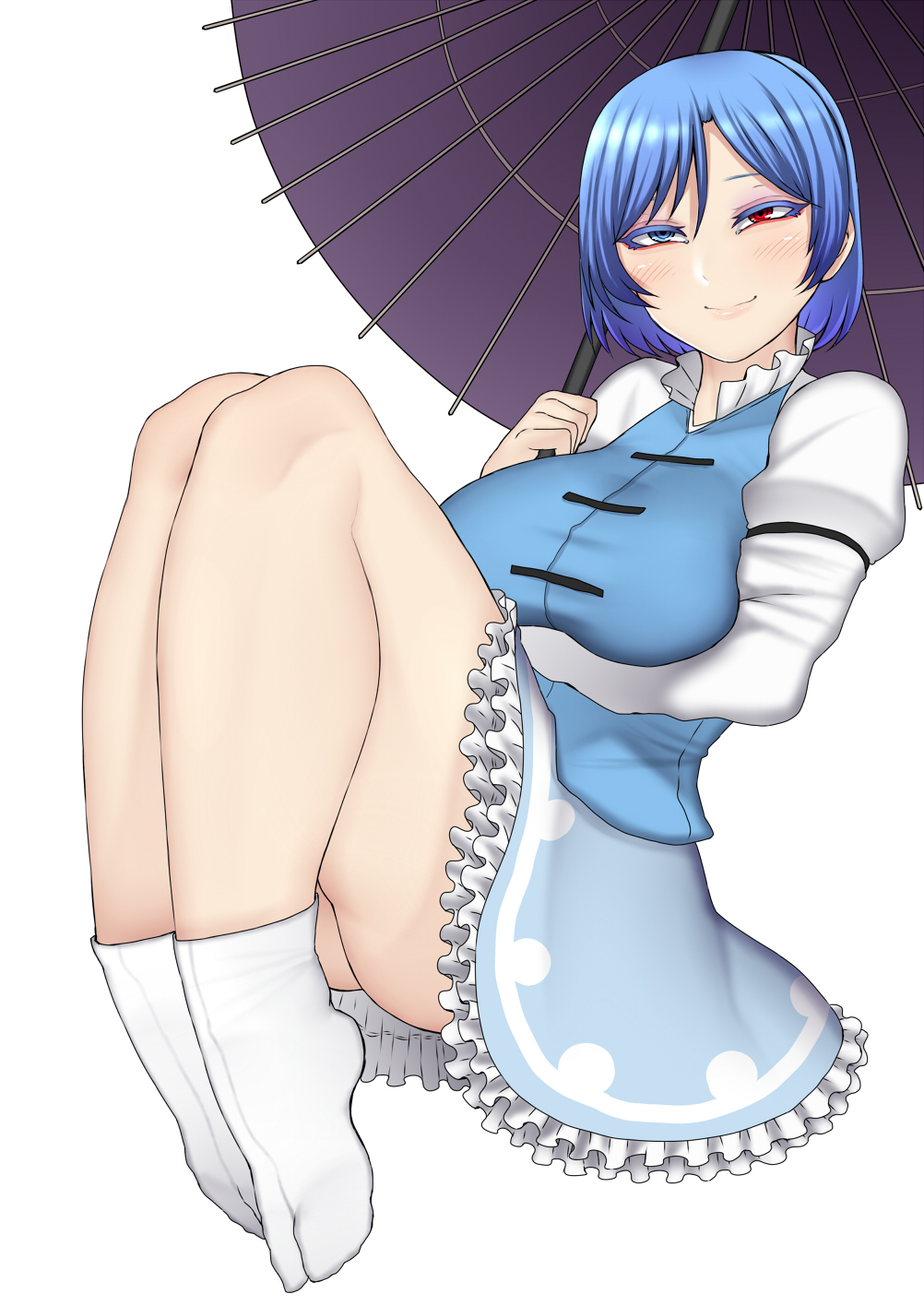 1girl ass blue_eyes blue_hair blue_skirt blue_vest blush closed_mouth commentary curvy full_body half-closed_eyes heterochromia highres hips holding holding_umbrella juliet_sleeves knees_up legs long_sleeves looking_at_viewer nicutoka puffy_sleeves red_eyes short_hair simple_background skirt smile socks solo tatara_kogasa taut_clothes thick_thighs thighs touhou umbrella vest white_background white_legwear wide_hips