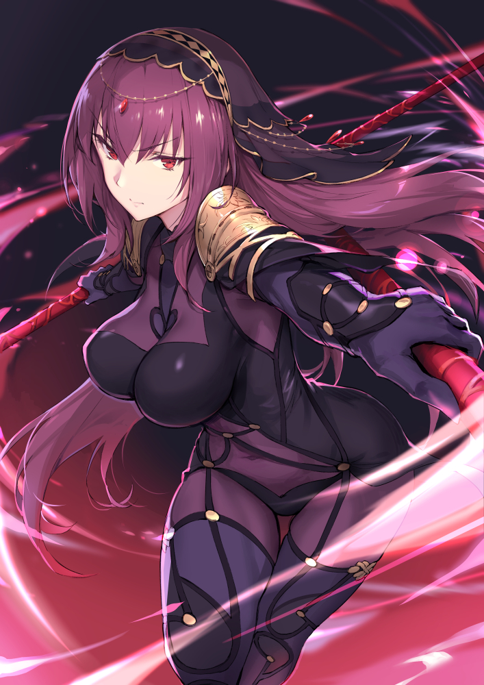 bodysuit breasts covered_navel dark_background dual_wielding eyebrows_visible_through_hair fate/grand_order fate_(series) frown gae_bolg hair_intakes haoni holding holding_weapon large_breasts long_hair looking_at_viewer motion_blur pauldrons polearm purple_bodysuit purple_hair red_eyes scathach_(fate)_(all) scathach_(fate/grand_order) shoulder_armor spear veil weapon