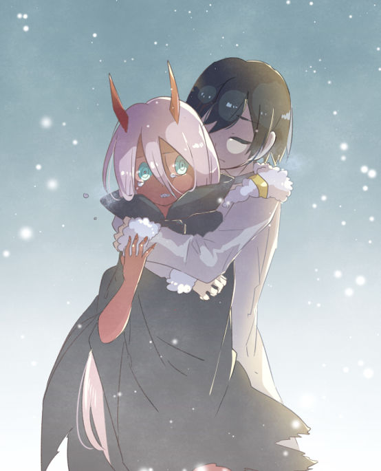 1boy 1girl black_cloak black_hair child cloak closed_eyes coat commentary_request conchitwa couple crying crying_with_eyes_open darling_in_the_franxx fur_coat fur_trim green_eyes grey_coat hand_on_another's_arm hetero hiro_(darling_in_the_franxx) hood hooded_cloak horns hug hug_from_behind long_coat long_hair oni_horns parka pink_hair red_horns red_pupils red_sclera red_skin short_hair snow snowing tears winter_clothes winter_coat zero_two_(darling_in_the_franxx)