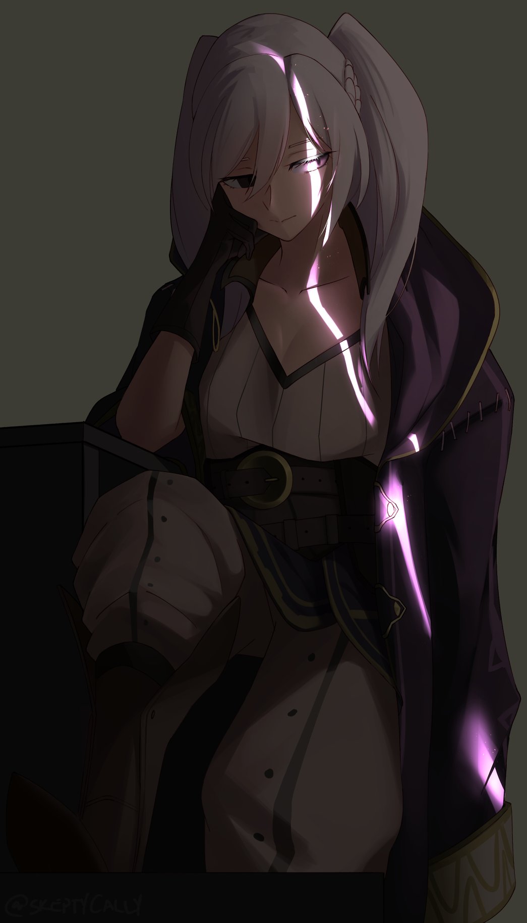 1girl belt closed_mouth dark female_my_unit_(fire_emblem:_kakusei) fire_emblem fire_emblem:_kakusei gloves hand_on_own_face highres hood hood_down long_sleeves my_unit_(fire_emblem:_kakusei) pants robe simple_background sitting sketchy solo twintails twitter_username white_hair