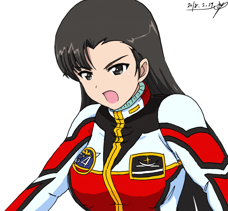 1girl artist_name asymmetrical_bangs bangs black_eyes black_hair bukkuri christina_mackenzie christina_mackenzie_(cosplay) commentary_request cosplay dated frown girls_und_panzer gundam gundam_0080 jacket logo long_hair long_sleeves nishi_kinuyo open_mouth red_jacket signature simple_background solo upper_body v-shaped_eyebrows white_background