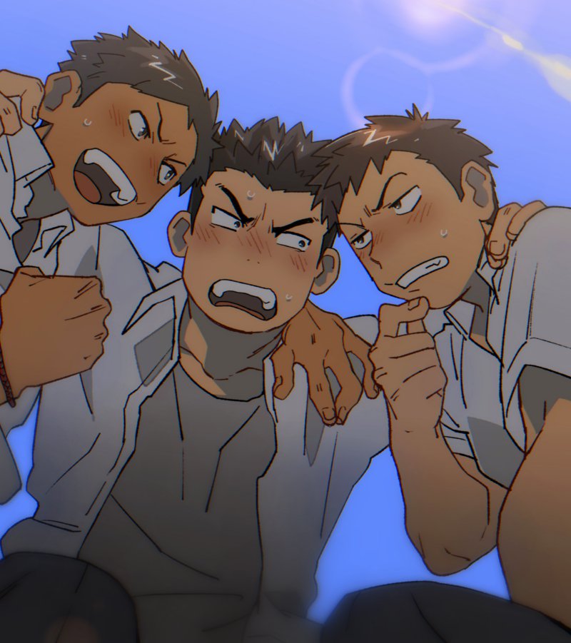 3boys black_hair blue_sky blush brown_hair chin_stroking clenched_hand from_below huddle kneeling lens_flare looking_at_another male_focus multiple_boys open_mouth original school_uniform sky smile st05254 surprised