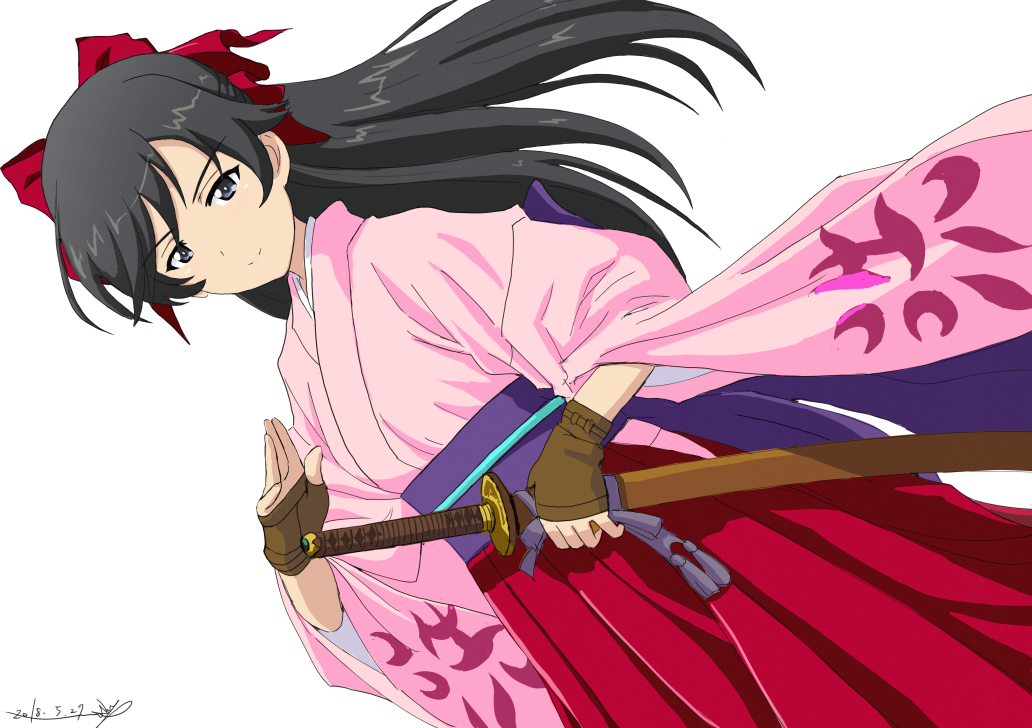 1girl artist_name bangs black_eyes black_hair bow brown_gloves bukkuri closed_mouth commentary_request cosplay cowboy_shot dated fingerless_gloves girls_und_panzer gloves hair_bow holding holding_sword holding_weapon isuzu_hana japanese_clothes katana long_hair long_skirt long_sleeves looking_at_viewer pink_shirt pleated_skirt red_bow red_skirt sakura_taisen shinguuji_sakura shinguuji_sakura_(cosplay) shirt signature simple_background skirt smile solo standing sword weapon white_background wide_sleeves wind