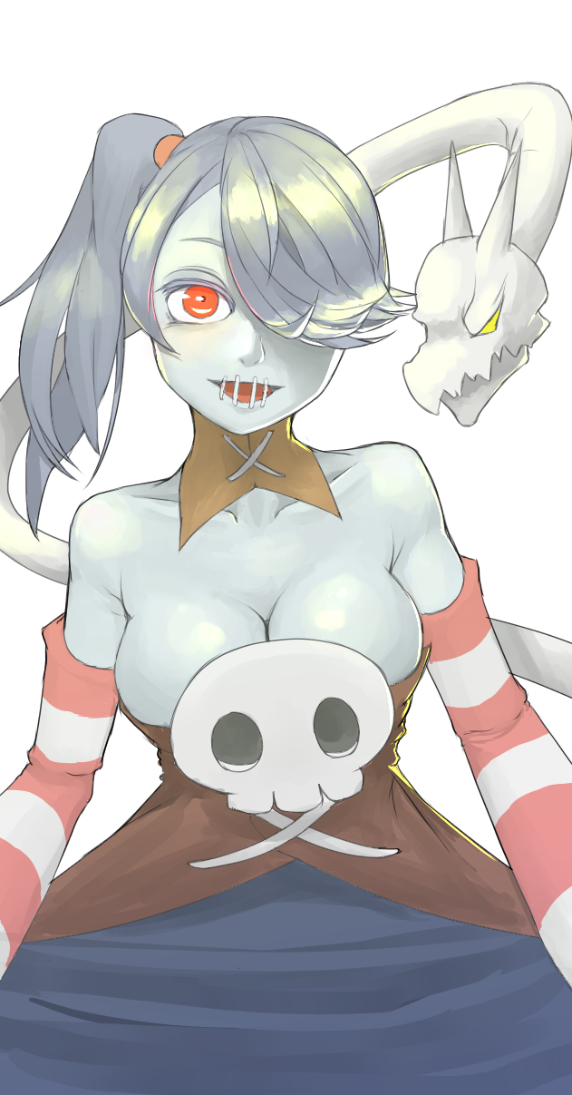 1girl bare_shoulders blue_hair breasts cleavage collarbone detached_sleeves highres kurokuro_(pmnovel) large_breasts leviathan_(skullgirls) looking_at_viewer ponytail red_eyes simple_background skull skullgirls smile squigly_(skullgirls) stitched_mouth stitches striped_sleeves white_background wide_hips zombie