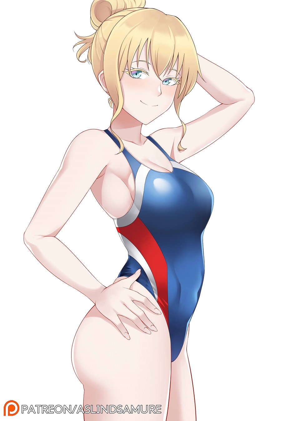 1girl aslindsamure asobi_asobase bangs blonde_hair blue_eyes breasts cleavage closed_mouth collarbone commentary cowboy_shot english_commentary hair_between_eyes highres large_breasts long_hair olivia_(asobi_asobase) one-piece_swimsuit patreon_logo smile solo standing swimsuit white_background