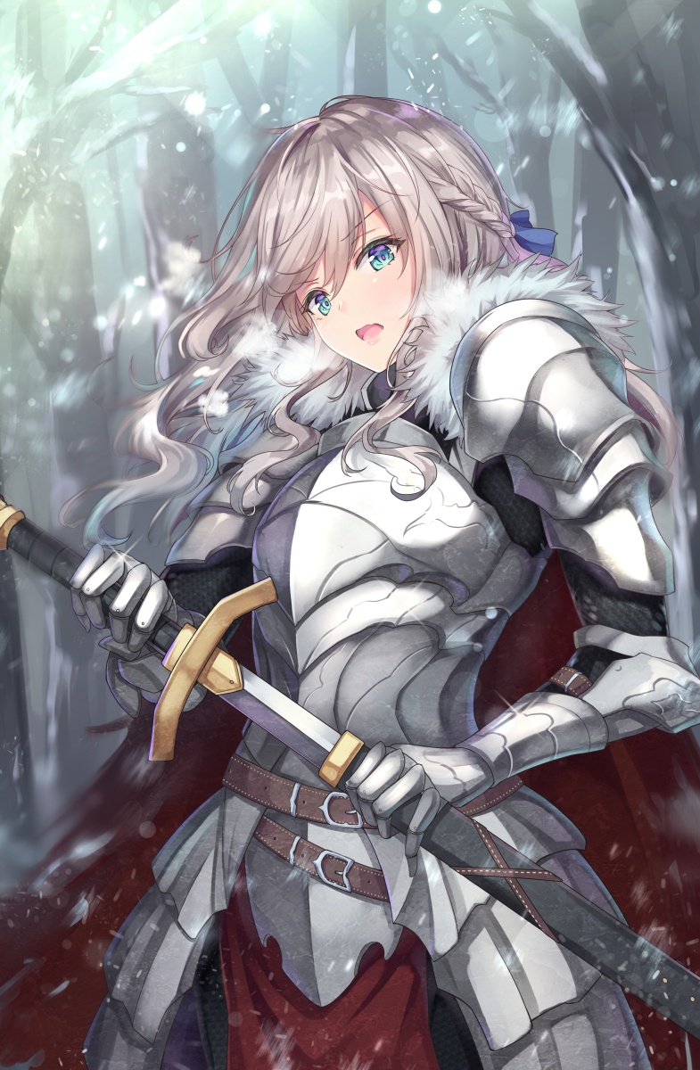 1girl armor blue_eyes blue_ribbon braid cenangam cowboy_shot eyebrows_visible_through_hair floating_hair forest gauntlets hair_between_eyes hair_ribbon highres holding holding_sheath holding_sword holding_weapon knight long_hair nature open_mouth original outdoors ribbon sheath shoulder_armor silver_hair snowing solo sparkle spaulders standing sword unsheathing weapon