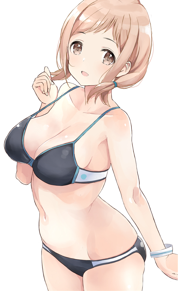 1girl bangs bare_shoulders blush breasts brown_eyes collarbone hips idolmaster idolmaster_shiny_colors large_breasts light_brown_hair looking_at_viewer low_twintails navel open_mouth sakuragi_mano short_hair simple_background smile solo tetsujin_momoko twintails waist white_background