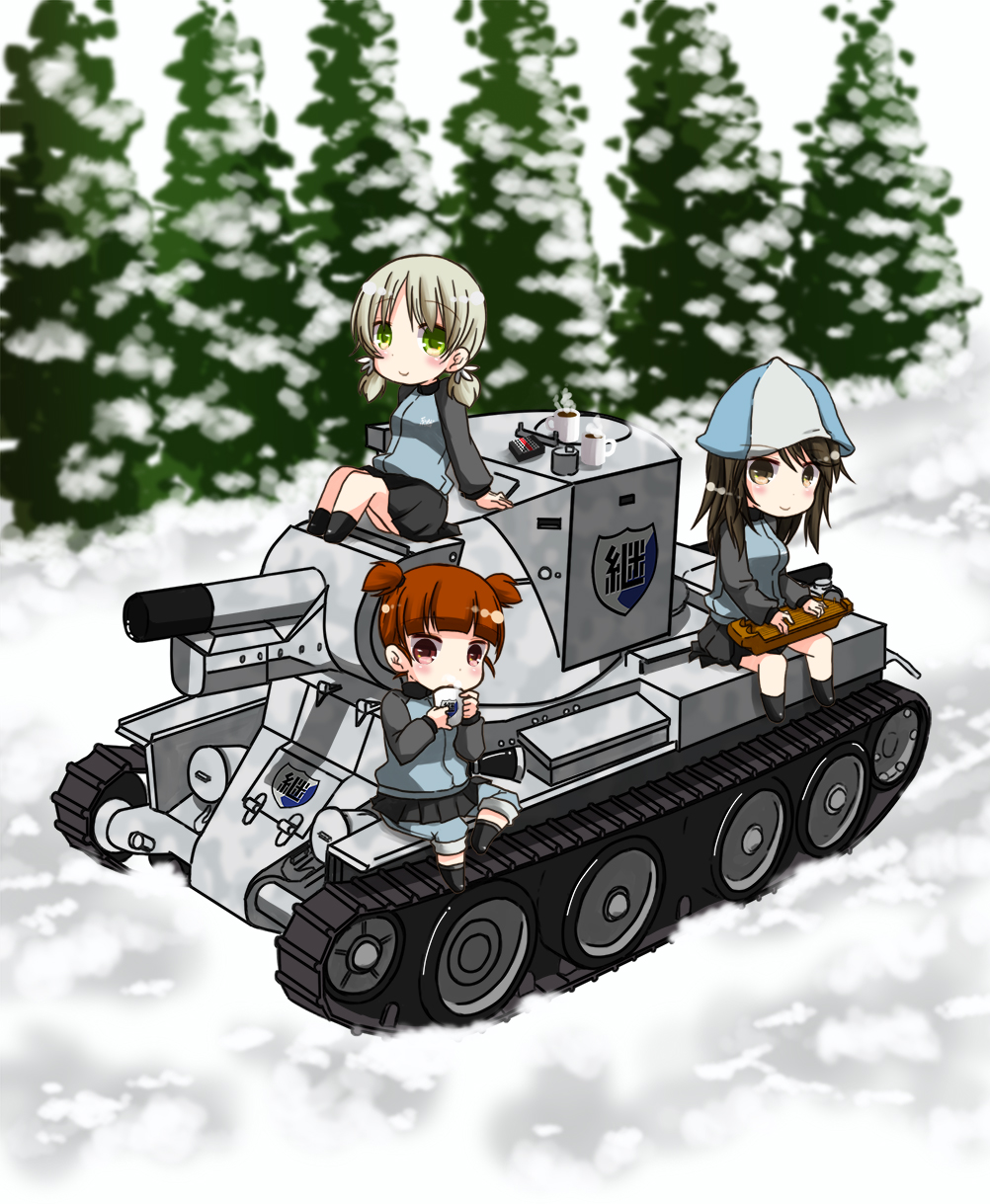 3girls aki_(girls_und_panzer) black_eyes black_hair bt-42 caterpillar_tracks chibi cul emblem girls_und_panzer green_eyes ground_vehicle hat highres instrument kantele keizoku_(emblem) keizoku_military_uniform light_brown_hair long_hair mika_(girls_und_panzer) mikko_(girls_und_panzer) military military_vehicle motor_vehicle multiple_girls red_eyes short_hair smile snow suomio tank tree twintails