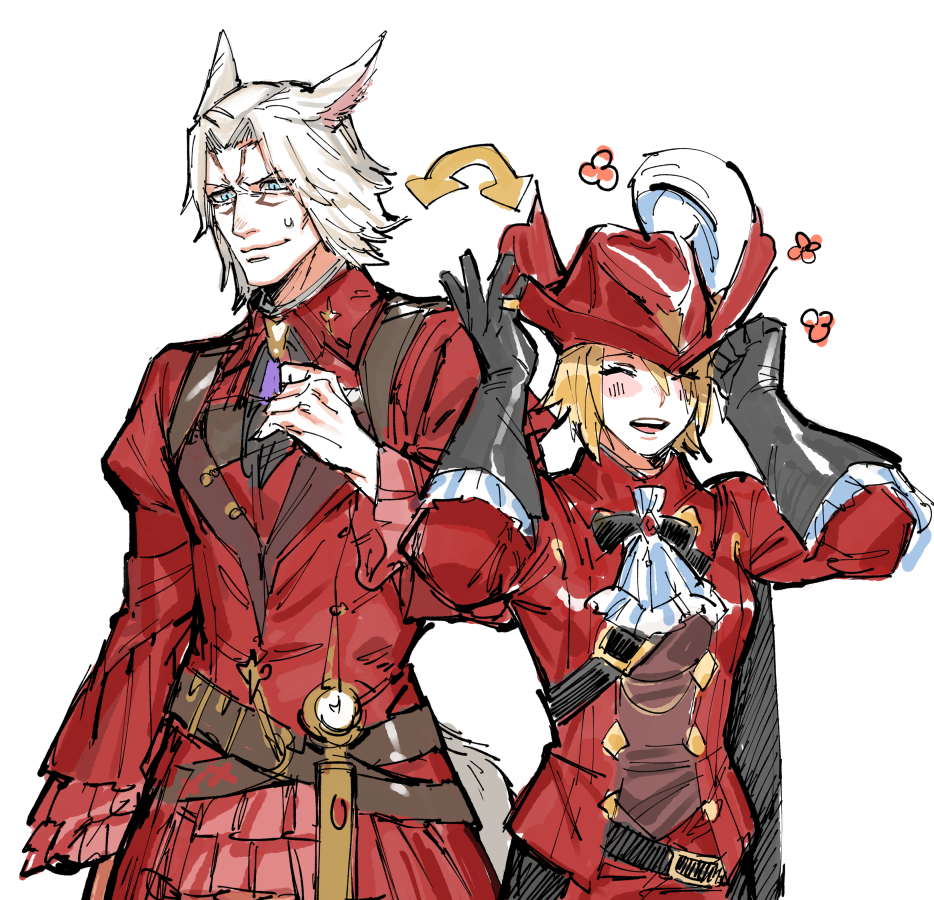 1boy 1girl animal_ears blonde_hair blue_eyes cat_ears cat_tail closed_eyes cosplay costume_switch facial_mark final_fantasy final_fantasy_xiv frischenq gloves hat hyur miqo'te open_mouth pleated_skirt red_mage short_hair sketch skirt sweatdrop tail white_background x'rhun_tia