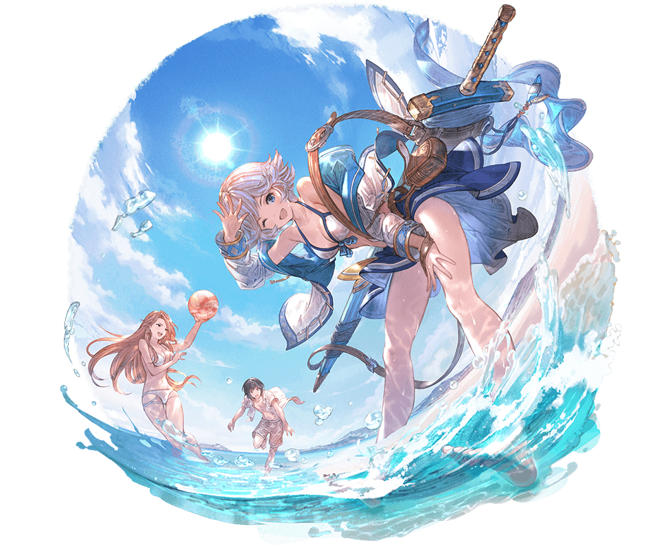 1boy 2girls bangs bare_shoulders beach belt_pouch bikini bikini_skirt bikini_top black_hair blue_eyes blue_sky breasts brown_hair cleavage clouds cloudy_sky collarbone day detached_sleeves earrings farrah_(granblue_fantasy) flipped_hair granblue_fantasy holding jacket jewelry juri_(granblue_fantasy) katalina_aryze long_hair long_sleeves medium_breasts minaba_hideo multiple_girls off_shoulder official_art one_eye_closed open_clothes open_jacket open_mouth outdoors pouch shiny short_hair silver_hair sky smile sun sunlight swimsuit sword transparent_background wading water water_drop weapon white_bikini