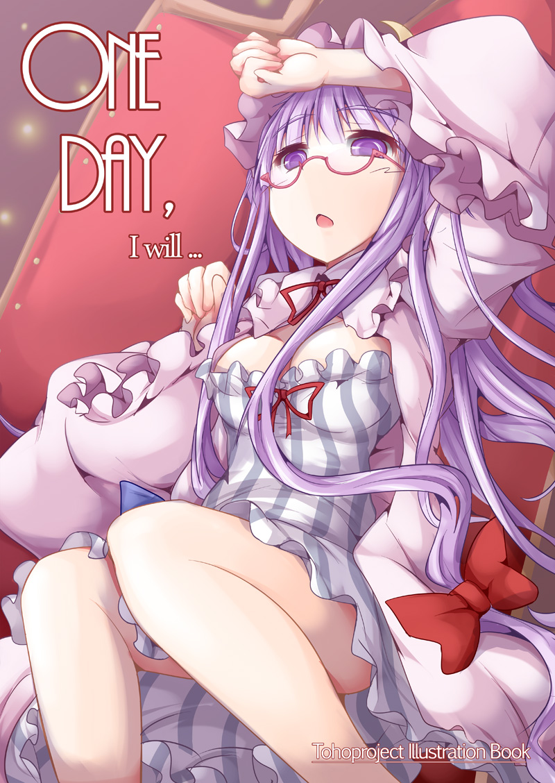 1girl arm_over_head blue_bow bow breasts commentary_request couch english eyebrows_visible_through_hair glasses light_particles long_hair lying medium_breasts on_back open_mouth patchouli_knowledge purple_hair red_bow red_glasses red_ribbon ribbon tano touhou very_long_hair violet_eyes watermark