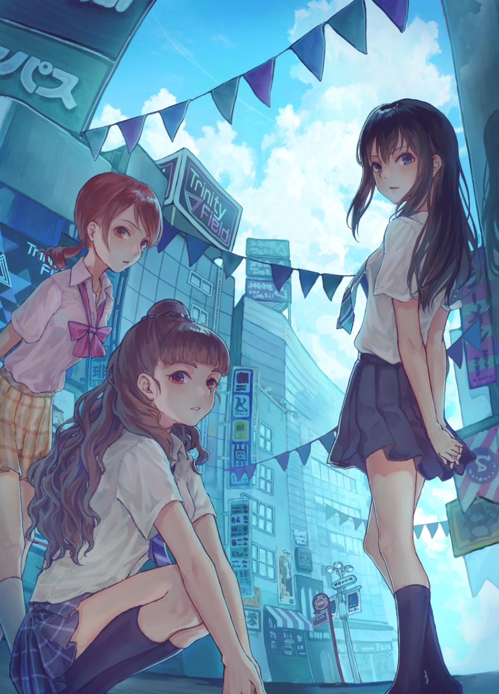 3girls bangs black_legwear black_skirt blue_eyes blue_sky brown_eyes brown_hair building clouds cloudy_sky commentary_request day eyebrows_visible_through_hair hair_between_eyes highres houjou_karen idolmaster idolmaster_cinderella_girls kamiya_nao kneehighs lamppost long_hair multiple_girls outdoors parted_lips pennant pleated_skirt red_eyes road_sign roki_(0214278) school_uniform shibuya_rin sign skirt sky squatting standing string_of_flags translated triad_primus very_long_hair white_legwear window yellow_skirt