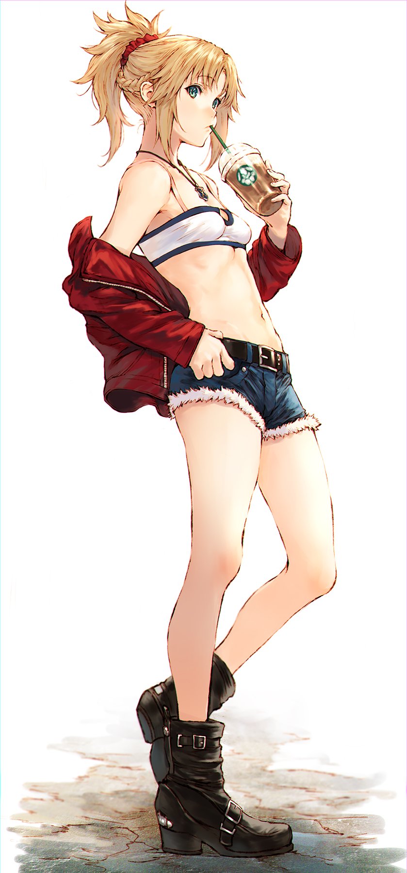 1girl blonde_hair boots braid cup denim denim_shorts drinking fate/grand_order fate_(series) french_braid full_body green_eyes hair_ornament hair_scrunchie hand_on_belt highres holding holding_cup jacket jewelry makimura_shunsuke mordred_(fate) mordred_(fate)_(all) navel necklace off_shoulder ponytail red_jacket scrunchie shorts sidelocks solo standing white_background white_tubetop