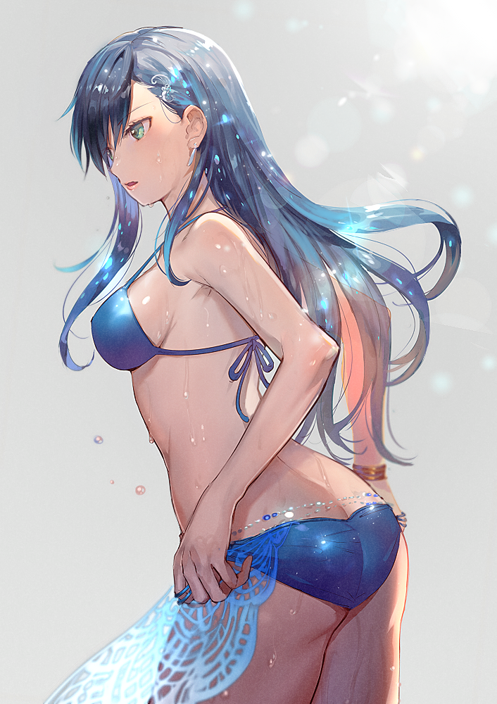 1girl aoki_(fumomo) ass bikini blue_bikini blue_hair commentary_request dripping earrings green_eyes grey_background hair_ornament jewelry long_hair maria_traydor simple_background solo star_ocean star_ocean_anamnesis swimsuit wet