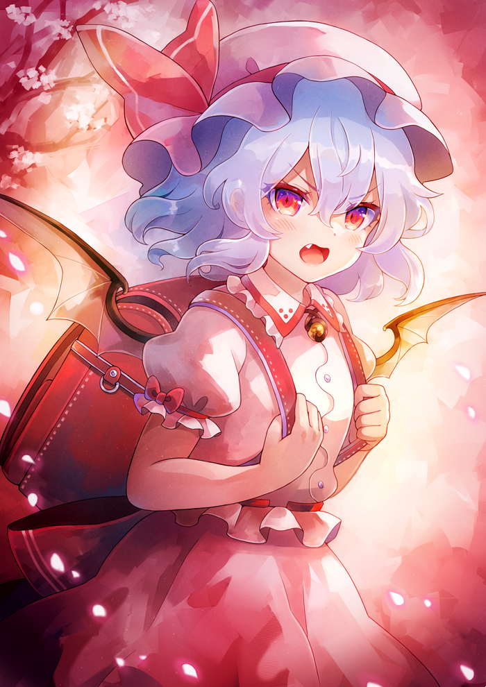 1girl 60mai backpack bag bat_wings blue_hair blush bow cherry_blossoms commentary_request fang hair_between_eyes hat hat_ribbon looking_at_viewer mob_cap open_mouth petals pink_background pink_headwear pink_shirt pink_skirt randoseru red_bag red_bow red_eyes red_ribbon remilia_scarlet ribbon shirt short_hair short_sleeves skirt solo touhou tree wings