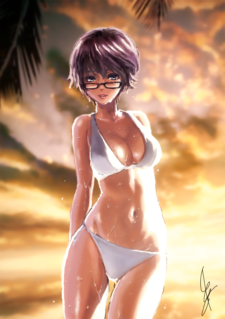 1girl arms_behind_back artist_name bangs blurry blurry_background breasts brown_eyes brown_hair cleavage clouds cloudy_sky commentary_request cowboy_shot depth_of_field droplet glasses highres ikeda_(hayato) light_smile lips looking_at_viewer medium_breasts navel open_mouth orange_sky original outdoors palm_tree short_hair signature skindentation sky solo standing string_bikini thighs tree wet