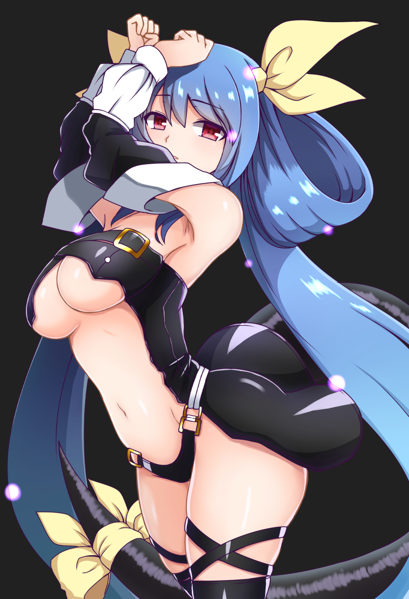 1girl alice360 arms_up bangs bare_shoulders black_legwear black_panties blue_hair breasts detached_sleeves dizzy eyebrows_visible_through_hair guilty_gear hair_ribbon hair_rings highres long_hair long_sleeves looking_at_viewer medium_breasts navel open_mouth panties red_eyes ribbon solo tail tail_ribbon thigh-highs thighs twintails under_boob underwear very_long_hair yellow_ribbon