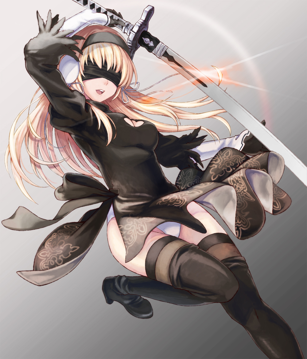 1girl :d arm_up bangs black_hairband black_legwear blindfold blonde_hair character_request cleavage_cutout cosplay glint grey_background hairband ivlish_(star_ocean) long_hair nier_(series) nier_automata open_mouth panties smile solo standing standing_on_one_leg star_ocean star_ocean_anamnesis thigh-highs underwear white_panties yorha_no._2_type_b yorha_no._2_type_b_(cosplay)