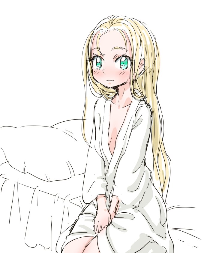 1girl aqua_eyes bathrobe bed blonde_hair blue_eyes blush breasts chrono_trigger closed_mouth commentary_request long_hair looking_at_viewer marle pillow s-a-murai small_breasts solo
