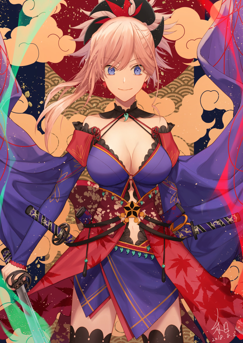 1girl asymmetrical_hair autumn_leaves black_legwear blue_eyes blue_kimono breasts detached_sleeves dual_wielding earrings fate/grand_order fate_(series) hair_ornament heri_(sniper579) holding holding_sword holding_weapon japanese_clothes jewelry katana kimono large_breasts leaf_print light_smile looking_at_viewer magatama maple_leaf_print miyamoto_musashi_(fate/grand_order) navel_cutout obi pink_hair ponytail sash sheath sheathed short_kimono sleeveless sleeveless_kimono solo sword thigh-highs unsheathed weapon wide_sleeves