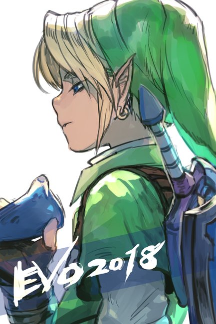 1boy 2018 blonde_hair blue_eyes earrings facing_away fingerless_gloves gloves green_hat half-closed_eyes hankuri hat jewelry link male_focus master_sword pointy_ears shield short_sleeves simple_background solo sword the_legend_of_zelda the_legend_of_zelda:_ocarina_of_time upper_body weapon white_background