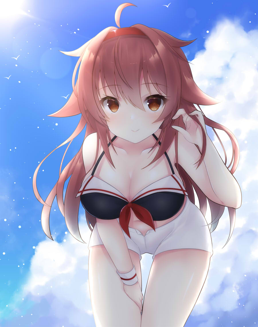 1girl ahoge bent_over bird black_bikini_top blue_sky blush breasts brown_eyes brown_hair cleavage clouds cola cowboy_shot day eyebrows_visible_through_hair floating_hair hair_between_eyes hairband hand_in_hair hand_on_lap kantai_collection large_breasts lens_flare long_hair looking_at_viewer midriff navel open_clothes open_shorts outdoors red_hairband red_ribbon ribbon shiny shiny_hair shiny_skin shiratsuyu_(kantai_collection) short_shorts shorts sky smile solo standing stomach sun sunlight tosakaoil very_long_hair white_shorts