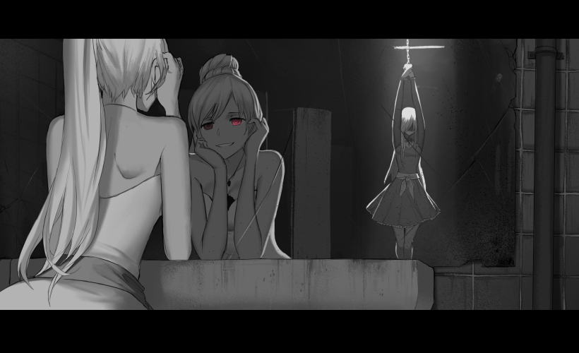 2girls arms_up blue_eyes breasts chin_rest cleavage collarbone dishwasher1910 dress grin heterochromia high_ponytail indoors jewelry limited_palette long_hair mirror multiple_girls necklace neo_(rwby) red_eyes restrained rwby short_dress silver_hair smile strapless very_long_hair weiss_schnee