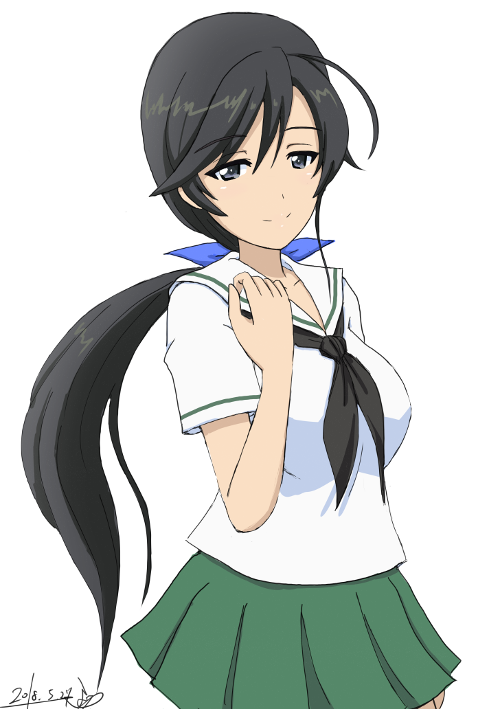1girl ahoge alternate_hairstyle arm_behind_back artist_name bangs black_eyes black_hair black_neckwear blouse blue_ribbon bukkuri closed_mouth commentary_request cowboy_shot dated eyebrows_visible_through_hair girls_und_panzer green_skirt hair_ribbon half-closed_eyes isuzu_hana long_hair long_sleeves looking_at_viewer miniskirt neckerchief ooarai_school_uniform pleated_skirt ponytail ribbon school_uniform serafuku signature simple_background skirt smile solo standing white_background white_blouse