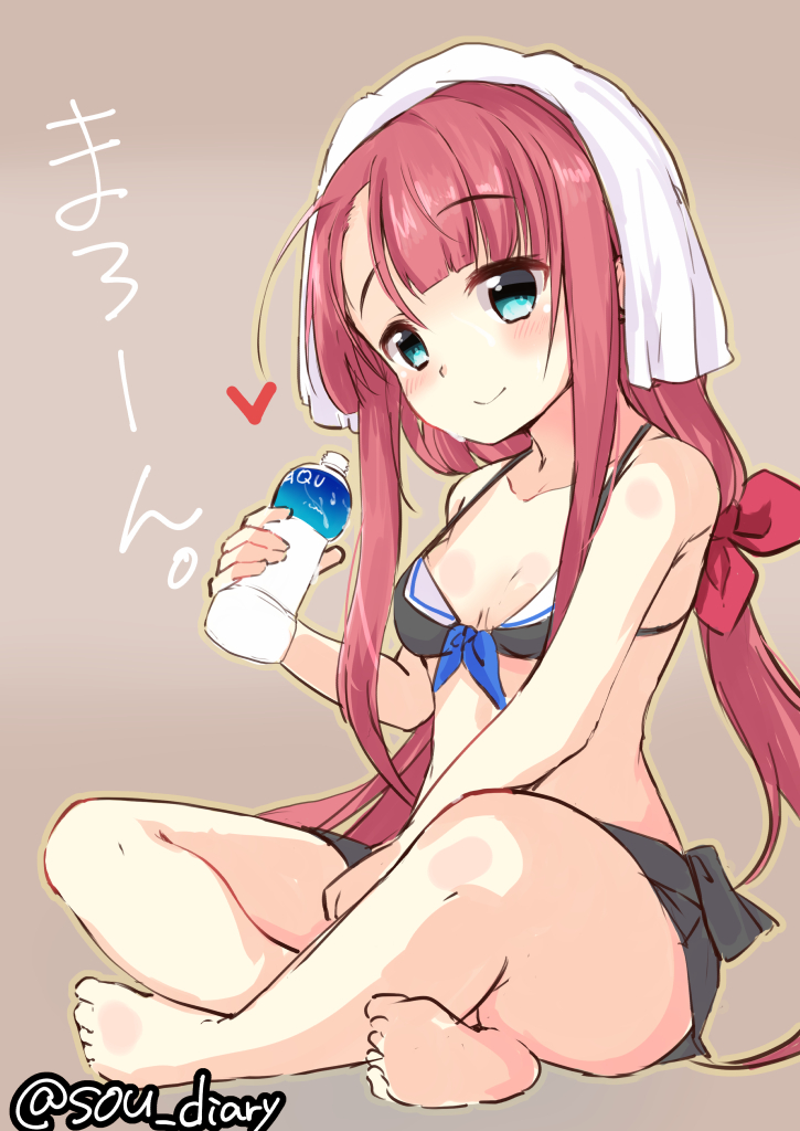 1girl bikini blue_eyes blush bottle breasts brown_background closed_mouth eyebrows_visible_through_hair indian_style indirect_kiss kantai_collection kawakaze_(kantai_collection) long_hair looking_at_viewer redhead simple_background sitting small_breasts smile solo sou_(soutennkouchi) swimsuit towel towel_on_head water