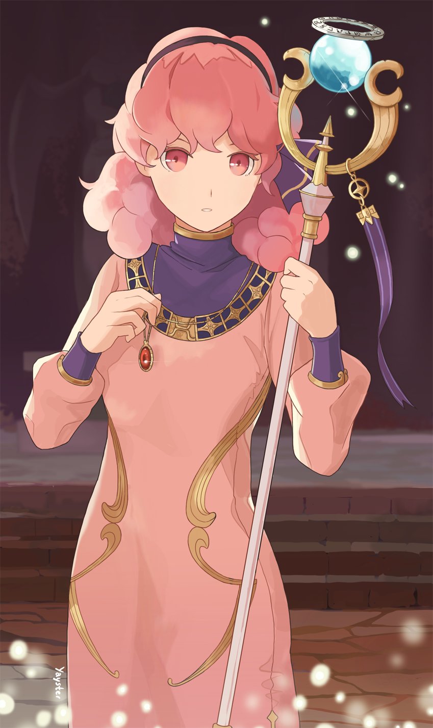 1girl curly_hair dress finalsmashcomic fire_emblem fire_emblem_echoes:_mou_hitori_no_eiyuuou hairband highres holding holding_staff jenny_(fire_emblem) jewelry long_dress long_sleeves necklace pink_dress pink_eyes pink_hair solo staff stairs standing yayster
