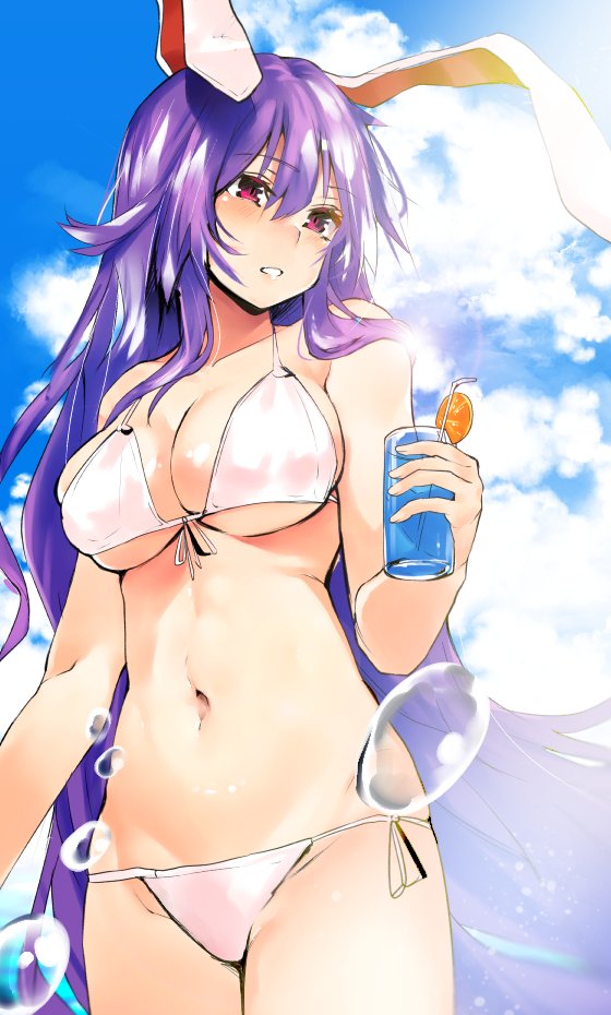 1girl animal_ears asuzemu bare_arms bare_shoulders bikini blue_sky blush breasts clouds collarbone commentary_request cowboy_shot cup day drinking_glass drinking_straw eyebrows_visible_through_hair food front-tie_bikini front-tie_top fruit groin hair_between_eyes halterneck holding holding_drinking_glass large_breasts long_hair navel orange orange_slice outdoors parted_lips pink_eyes purple_hair rabbit_ears reisen_udongein_inaba side-tie_bikini sidelocks sky solo standing stomach swimsuit thighs touhou very_long_hair water_drop white_bikini