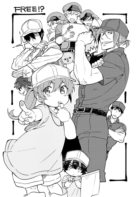 !? 1girl 6+boys bird blowing blush box child closed_mouth copyright_name cosplay crossed_arms fish flag free! greyscale hair_over_one_eye hat hataraku_saibou hazuki_nagisa helper_t_(hataraku_saibou) high_speed! holding iwatobi-chan jacket killer_t_(hataraku_saibou) killer_t_(hataraku_saibou)_(cosplay) kirishima_ikuya long_hair maru_nage matsuoka_gou matsuoka_rin monochrome multiple_boys nanase_haruka_(free!) platelet_(hataraku_saibou) platelet_(hataraku_saibou)_(cosplay) pointing pointing_at_viewer red_blood_cell_(hataraku_saibou) ryuugazaki_rei shorts tachibana_makoto toono_hiyori u-1146 u-1146_(cosplay) uniform whistle yamazaki_sousuke younger